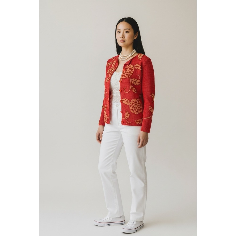 Talbots Petite M‎ organe red Floral Button Cardigan Textured Knit Cottagecore